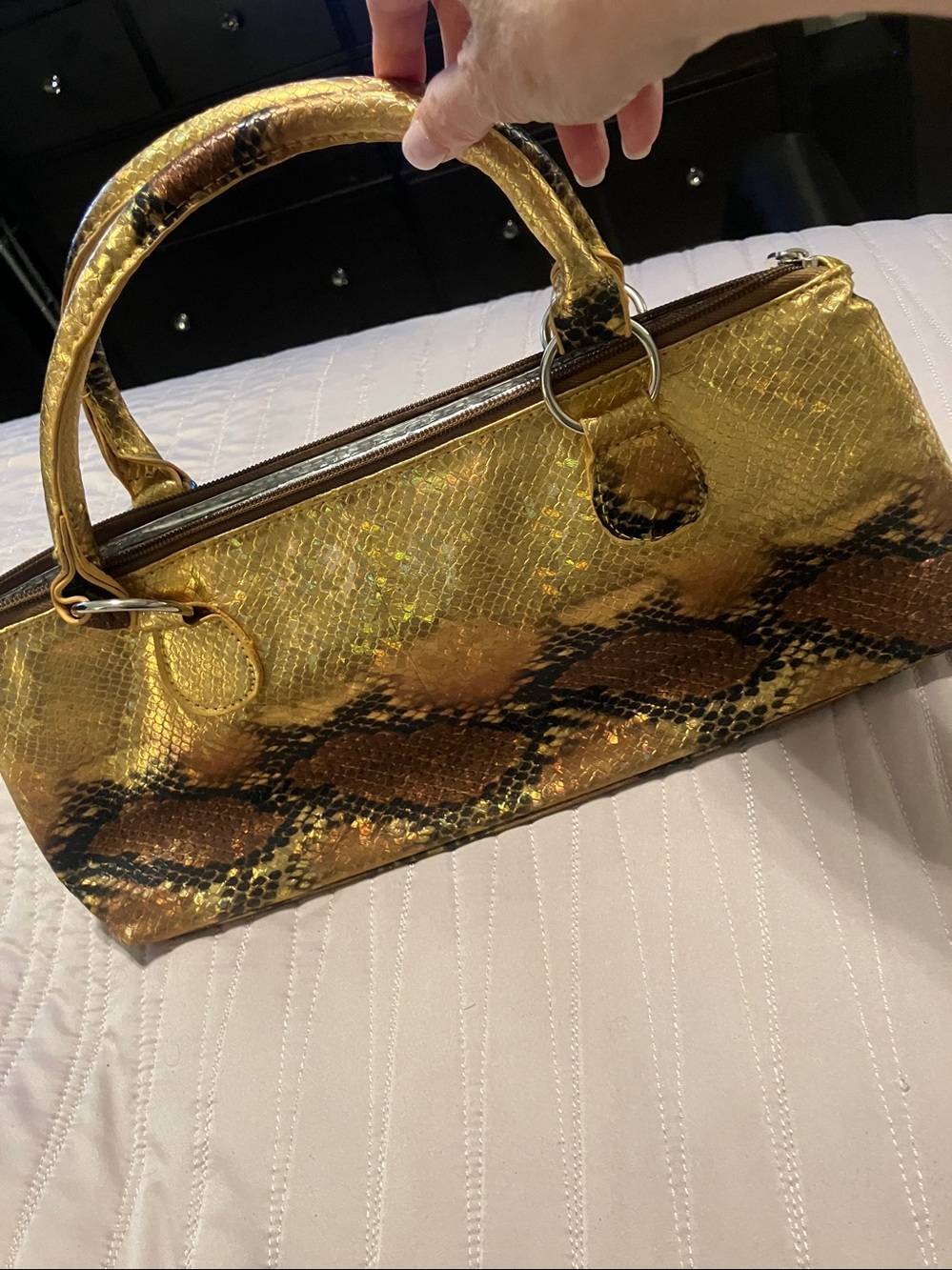 Gold Metallic Snake-Embossed Women’s Insulated Handbag